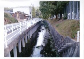 道路わきの水量の少ない小さな川の写真
