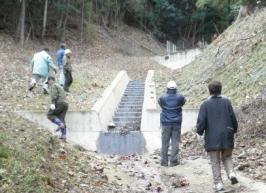 山の谷間にコンクリートの階段が設置されている写真
