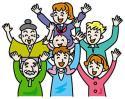 笑顔で万歳をしている7人の老若男女のイラスト