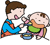 エプロンを着けた母親が赤ちゃんに食事を与えているイラスト