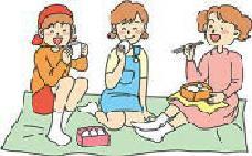 3人の女の子がシートの上でお弁当を食べているイラスト