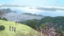 朝日山から町並みや海を一望している主人公たち5人が映っているアニメたまゆらの1シーン