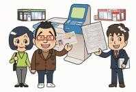 コンビニのマルチコピー機の前で3名の男女が立っており、そのうちの1名がマイナンバーカードを持ち、もう1名が書類を手に持っているイラスト
