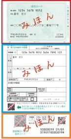 マイナンバー通知カードみほん、個人番号カード交付申請書みほん、申請書控みほん