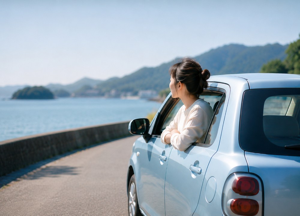 水色の車に乗り助手席から海を眺めている女性の写真