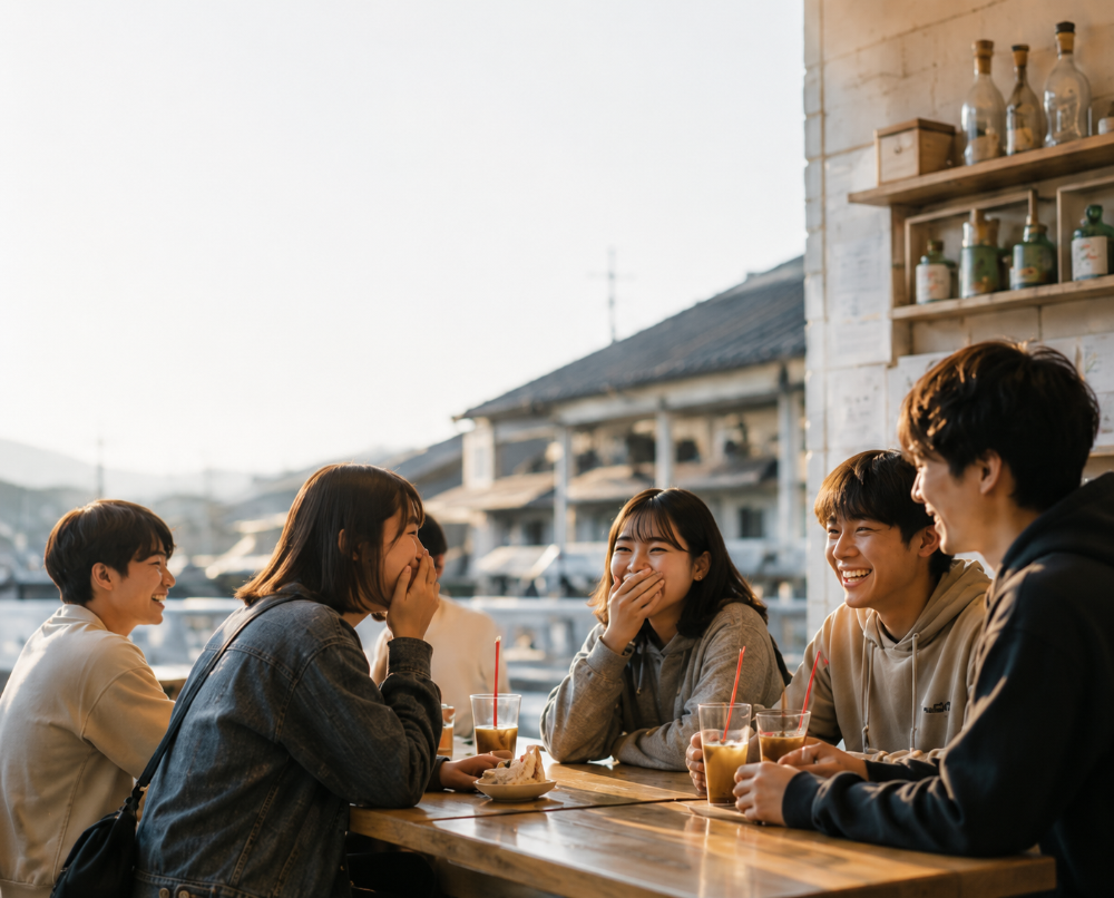木目調のテーブルを囲んで若い男女が飲み物を持ちながら談笑している様子の写真