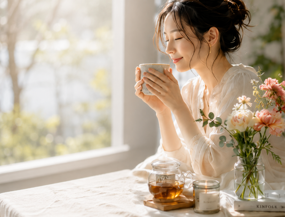 日差しが差し込む窓辺で紅茶を飲んでいる女性の写真