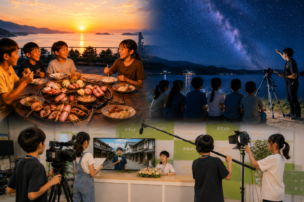 夕日を背景に夕飯を楽しむ子供達の様子や夜空を大人と眺めている子供たちの様子やアナウンサー体験を行っている子供たちの様子をまとめた写真