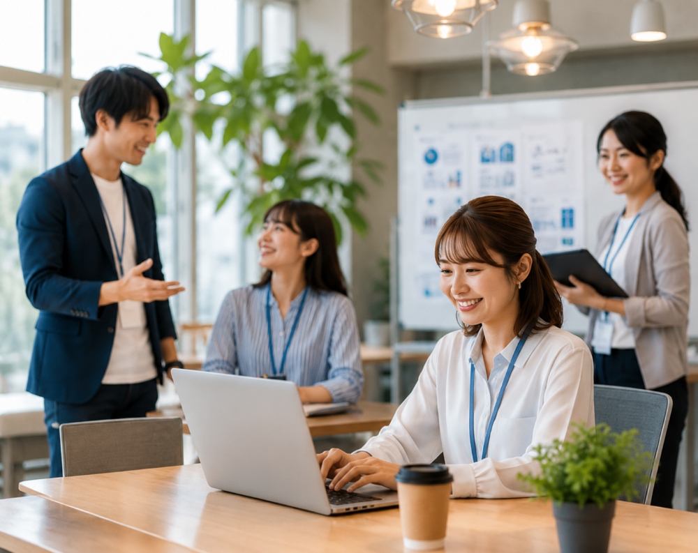 明るく開放的なコワーキングスペースで笑顔でノートパソコンに向かう女性と背後で活発にコミュニケーションをとるチームメンバーの様子の写真