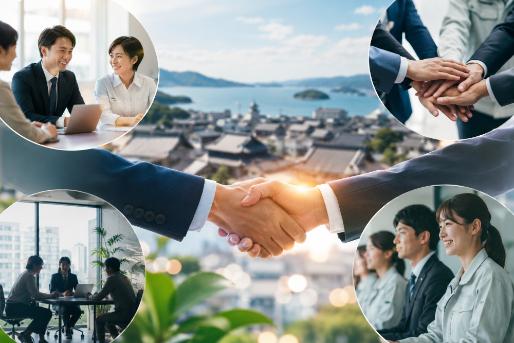 日本の伝統的な風景を背景に、強固なパートナーシップとチームワークを表現した複合画像