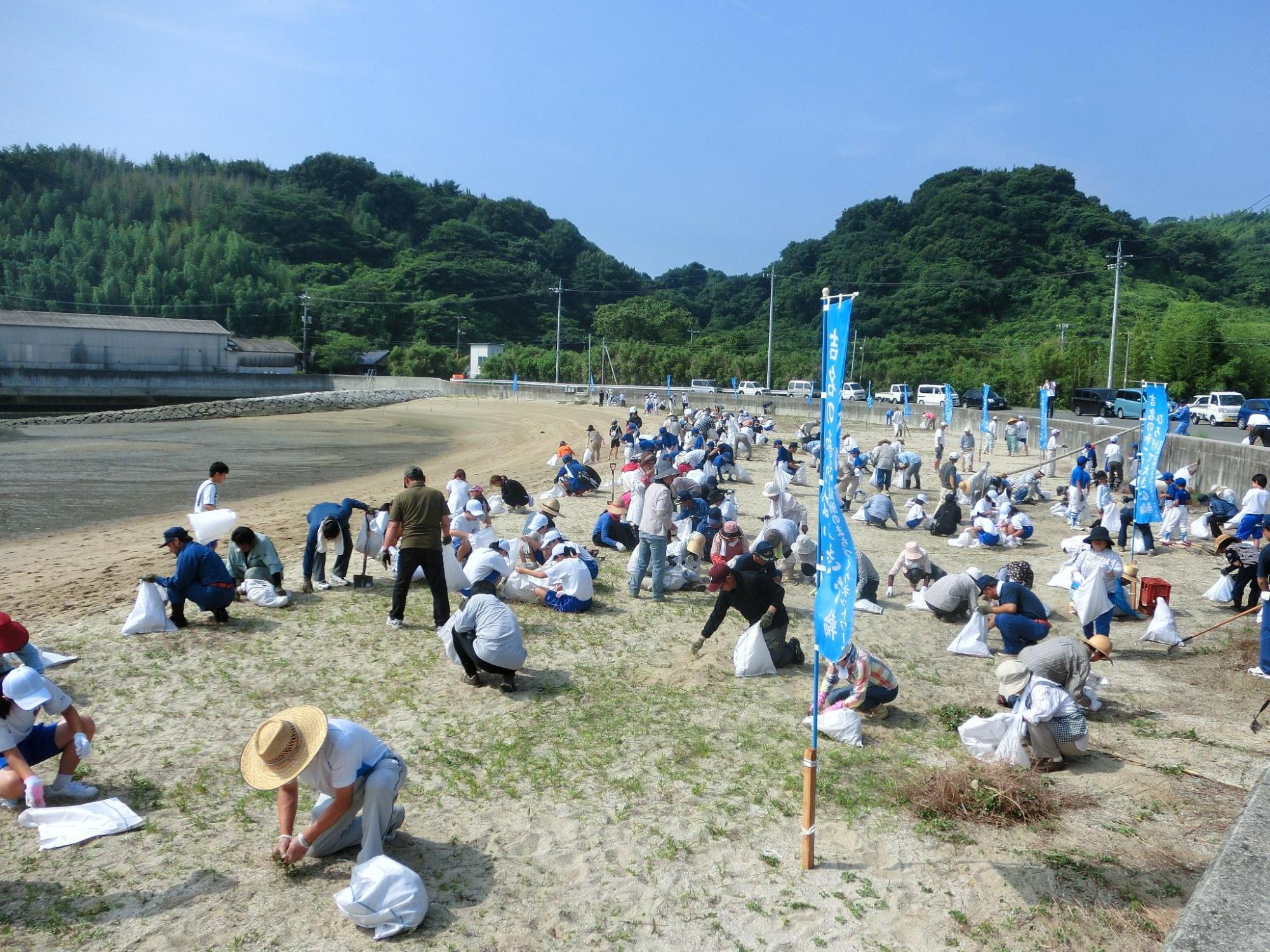 たくさんの人たちが浜辺を清掃している写真