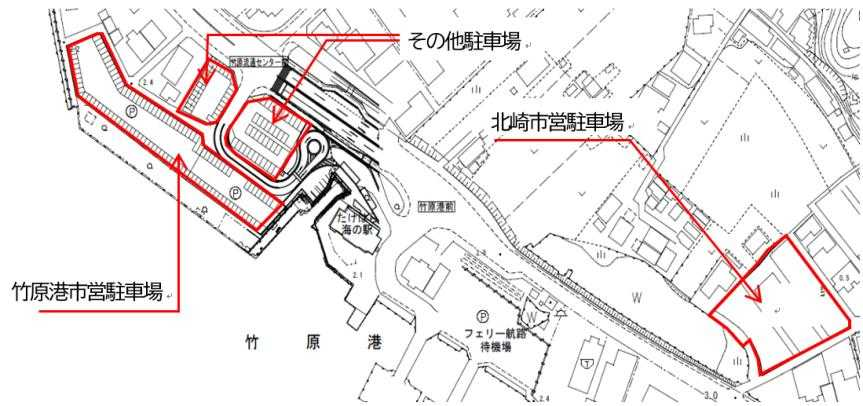 竹原港北崎地区の駐車場の位置図