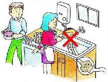 台所で女性が料理をしながら異物を排水口に流しており、配水管が詰まっている様子にバツ印が付いているイラスト