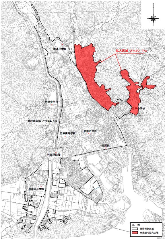 竹原都市計画下水道事業の事業地を示した地図