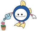 下水道マスコットキャラクター「スイスイ」がジョウロを使って花に水をあげているイラスト