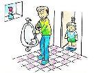 男性がトイレの便器をラバーカップを使って直している様子を子供が見守っているイラスト