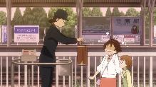 JR竹原駅の改札口で駅員さんと主人公の女の子とその弟が映っているアニメたまゆらの1シーン